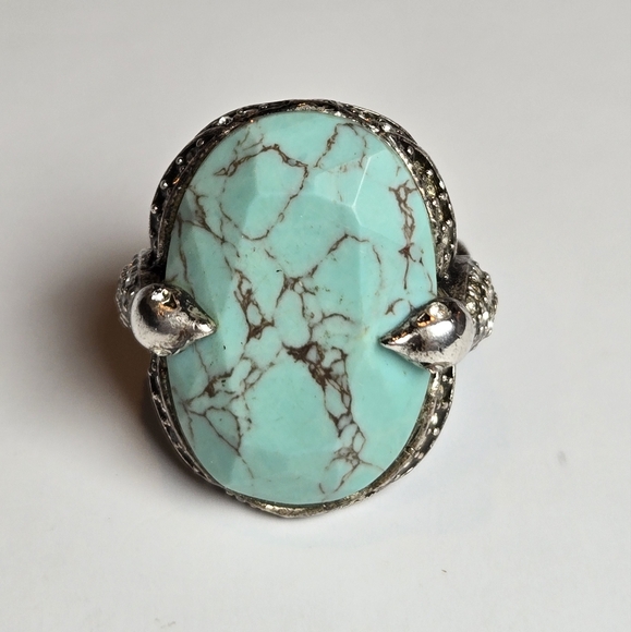 Fossil Chunky Statement Silver Tone Rhinestone Birds Turquoise Color Ring Sz 8 - Picture 2 of 12